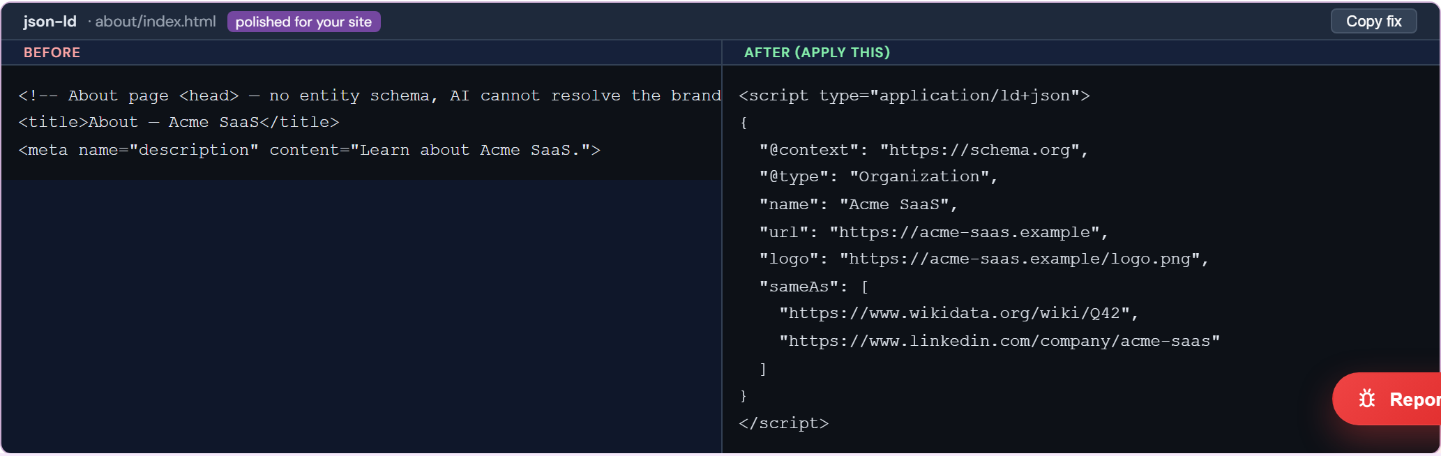 Before and after code diff for a recommended fix